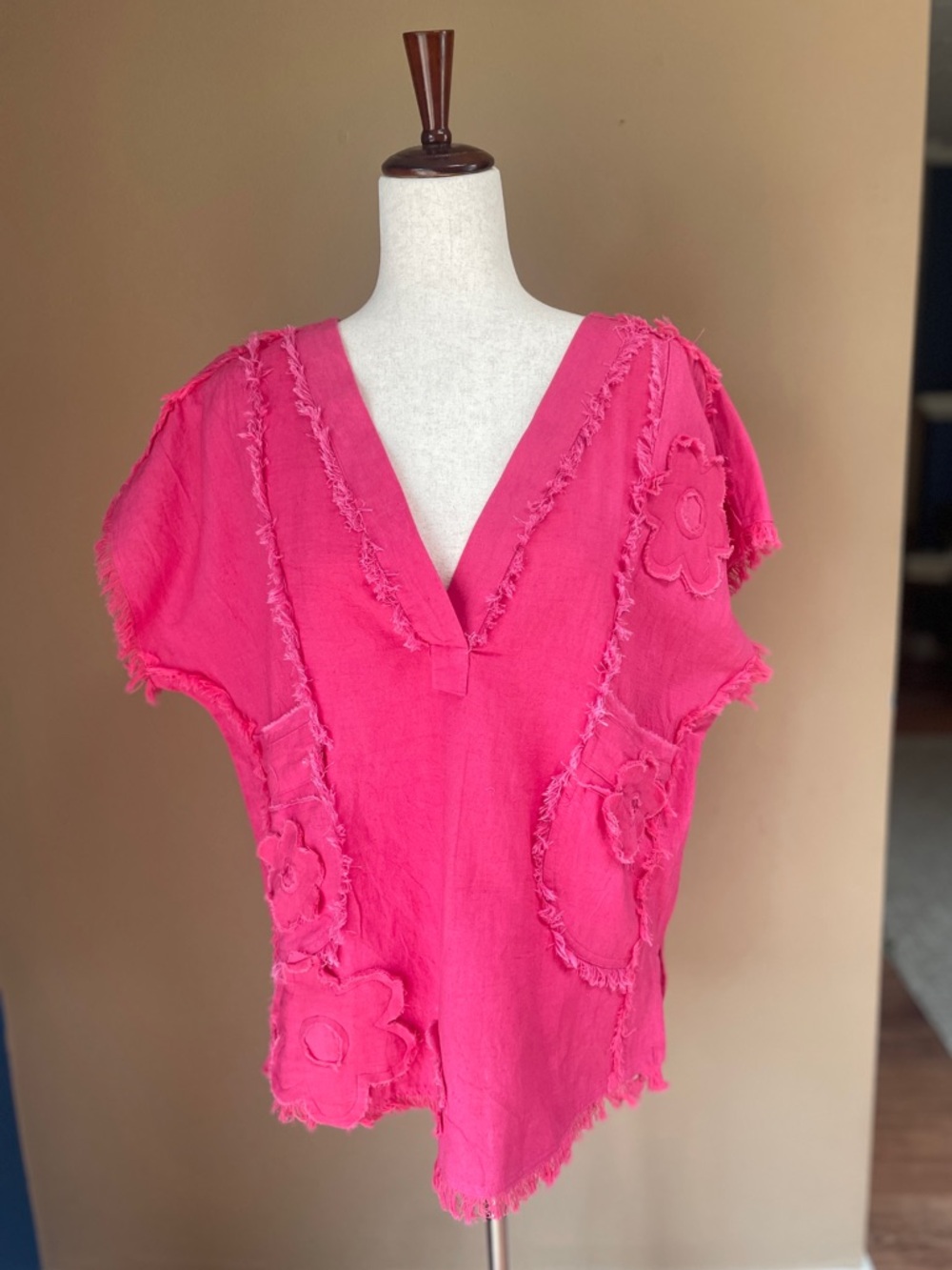 Avani Del Amour Boho Floral Tunic Top Small‎ Fringe Pink Flower Power V Neck